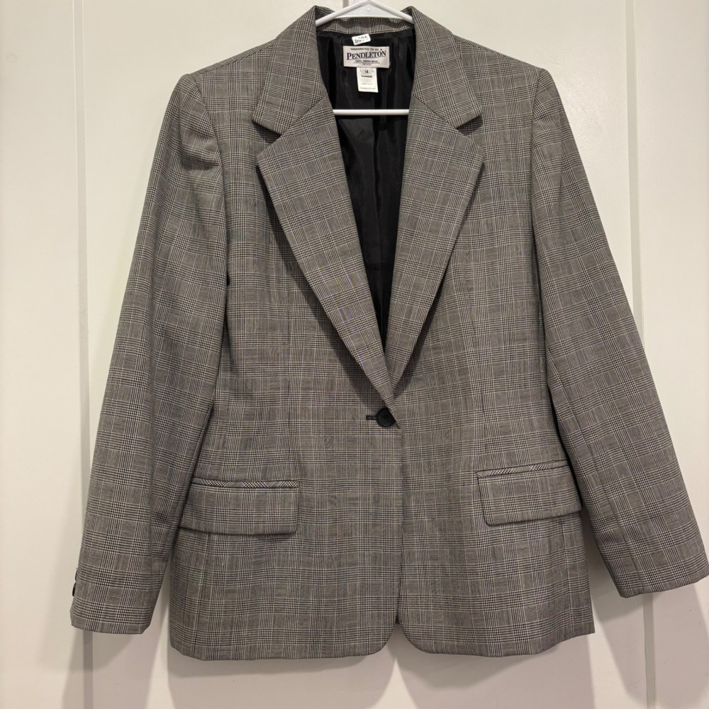 Pendleton Grey Glen Plaid Virgin Wool Blazer Jacket Petite 14 Made in USA